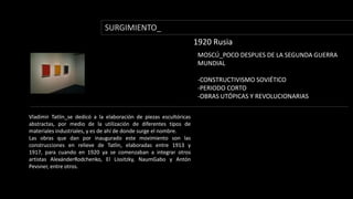 SURGIMIENTO_1920 RusiaMOSCÚ_POCO DESPUES DE LA SEGUNDA GUERRA MUNDIAL-CONSTRUCTIVISMO SOVIÉTICO-PERIODO CORTO-OBRAS UTÓPICAS Y REVOLUCIONARIAS Vladimir Tatlin_se dedicó a la elaboración de piezas escultóricas abstractas, por medio de la utilización de diferentes tipos de materiales industriales, y es de ahí de donde surge el nombre.Las obras que dan por inaugurado este movimiento son las construcciones en relieve de Tatlin, elaboradas entre 1913 y 1917, para cuando en 1920 ya se comenzaban a integrar otros artistas AlexánderRodchenko, El Lissitzky, NaumGabo y Antón Pevsner, entre otros. 