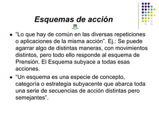 Esquemas de acción
 “Lo que hay de común en las diversas repeticiones
o aplicaciones de la misma acción”. Ej.: Se puede
agarrar algo de distintas maneras, con movimientos
distintos, pero todo ello responde al esquema de
Prensión. El Esquema subyace a todas esas
acciones.
 “Un esquema es una especie de concepto,
categoría o estrategia subyacente que abarca toda
una serie de secuencias de acción distintas pero
semejantes”.
 