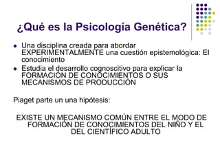 ¿Qué es la Psicología Genética?
 Una disciplina creada para abordar
EXPERIMENTALMENTE una cuestión epistemológica: El
conocimiento
 Estudia el desarrollo cognoscitivo para explicar la
FORMACIÓN DE CONOCIMIENTOS O SUS
MECANISMOS DE PRODUCCIÓN
Piaget parte un una hipótesis:
EXISTE UN MECANISMO COMÚN ENTRE EL MODO DE
FORMACIÓN DE CONOCIMIENTOS DEL NIÑO Y EL
DEL CIENTÍFICO ADULTO
 