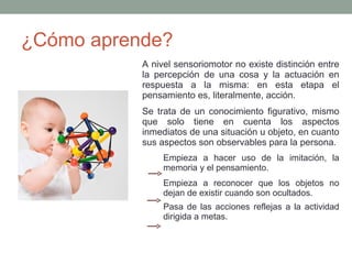 ¿Cómo aprende? A nivel sensoriomotor no existe distinción entre la percepción de una cosa y la actuación en respuesta a la misma: en esta etapa el pensamiento es, literalmente, acción. Se trata de un conocimiento figurativo, mismo que solo tiene en cuenta los aspectos inmediatos de una situación u objeto, en cuanto sus aspectos son observables para la persona. Empieza a hacer uso de la imitación, la memoria y el pensamiento.  Empieza a reconocer que los objetos no dejan de existir cuando son ocultados.  Pasa de las acciones reflejas a la actividad dirigida a metas.  