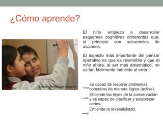¿Cómo aprende? El niño empieza a desarrollar esquemas cognitivos coherentes que, al principio son secuencias de acciones.  El aspecto más importante del pensar operativo es que es reversible y que el niño ahora, al ser mas sistemático, no es tan fácilmente inducido al error.  Es capaz de resolver problemas concretos de manera lógica (activa).  Entiende las leyes de la conservación y es capaz de clasificar y establecer series.  Entiende la reversibilidad.  