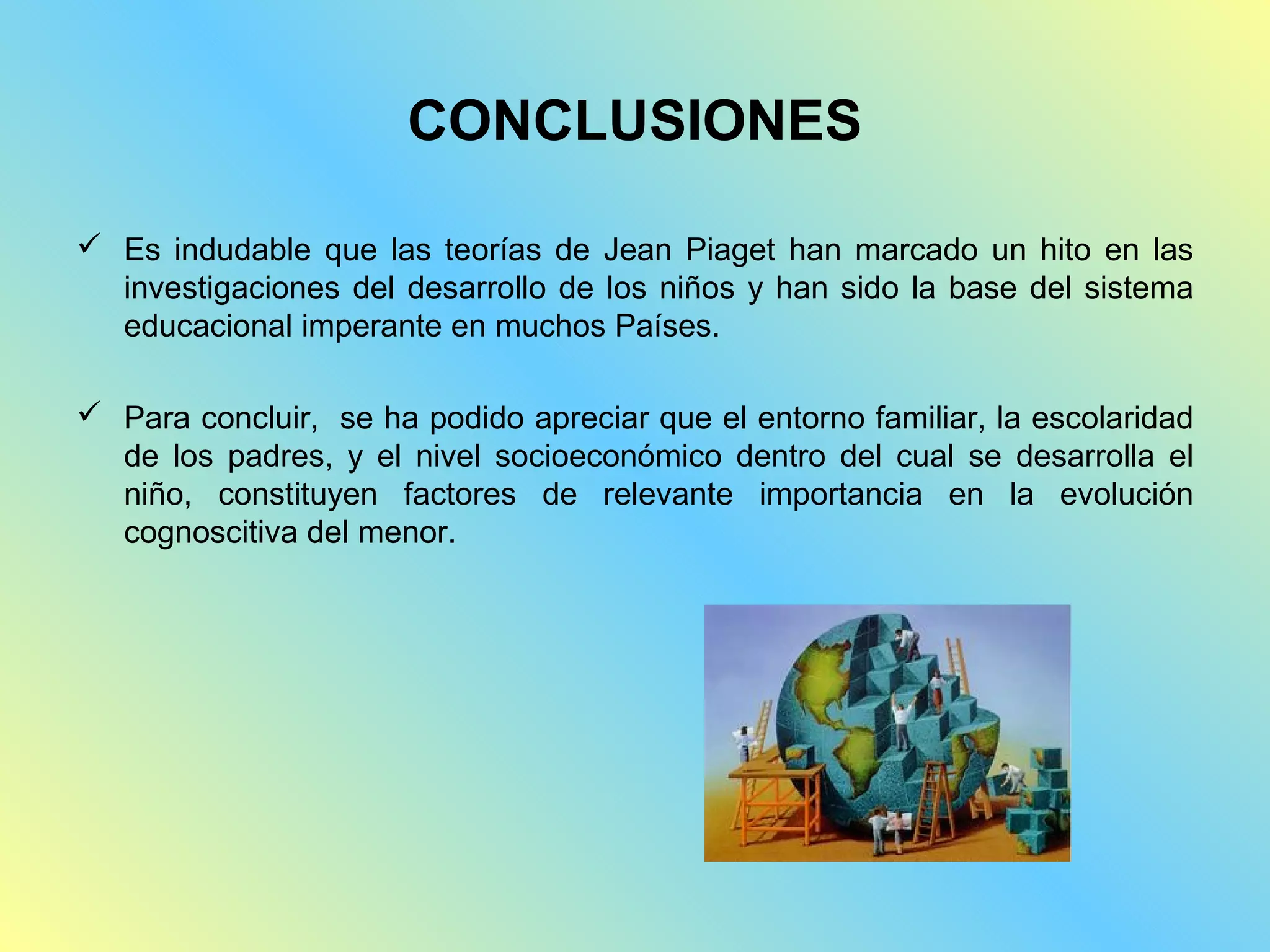 CONCLUSIONES

 Es indudable que las teorías de Jean Piaget han marcado un hito en las
  investigaciones del desarrollo de los niños y han sido la base del sistema
  educacional imperante en muchos Países.

 Para concluir, se ha podido apreciar que el entorno familiar, la escolaridad
  de los padres, y el nivel socioeconómico dentro del cual se desarrolla el
  niño, constituyen factores de relevante importancia en la evolución
  cognoscitiva del menor.
 