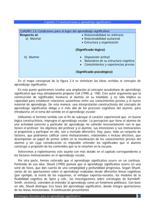Capítulo 2 Constructivismo y aprendizaje significativo


    CUADRO 2.6 Condiciones para el logro del aprendizaje significativo
    Respecto al:                                • Relacionabilidad no arbitraria
       a) Material                              • Relacionabilidad sustancial
                                                • Estructura y organización

                                                 (Significado lógico)

       b) Alumno                                     •   Disposición actitud
                                                     •   Naturaleza de su estructura cognitiva
                                                     •   Conocimientos y experiencias previas

                                                 (Significado psicológico)

  En el mapa conceptual de la figura 2.4 se sintetizan las ideas vertidas el concepto de
aprendizaje significativo.
   En este punto quisiéramos resaltar una ampliación al concepto ausubeliano de aprendizaje
significativo que muy atinadamente propone Coll (1990, p. 198). Este autor argumenta que la
construcción de significados involucra al alumno en su totalidad, y no sólo implica su
capacidad para establecer relaciones sustantivas entre sus conocimientos previos y el nuevo
material de aprendizaje. De esta manera, una interpretación constructivista del concepto de
aprendizaje significativo obliga a ir más allá de los procesos cognitivos del alumno, para
introducirse en el tema del sentido en el aprendizaje escolar:
   Utilizamos el término sentido con el fin de subrayar el carácter experiencial que, en buena
lógica constructivista, impregna el aprendizaje escolar. La percepción que tiene el alumno de
una actividad concreta y particular de aprendizaje no coincide necesariamente con la que
tienen el profesor; los objetivos del profesor y el alumno, sus intenciones y sus motivaciones
al proponerla y participar en ella, son a menudo diferentes. Hay, pues, todo un conjunto de
factores, que podríamos calificar como motivacionales, relacionales e incluso afectivos, que
desempeñan un papel de primer orden en la movilización de los conocimientos previos del
alumno y sin cuya consideración es imposible entender los significados que el alumno
construye a propósito de los contenidos que se le enseñan en la escuela.
   Volveremos a replantearnos este asunto con más detalle en el capítulo correspondiente a
los factores motivacionales en el aprendizaje escolar.
   Por otra parte, hemos reiterado que el aprendizaje significativo ocurre en un continuo.
Partiendo de esa idea, Shuell (1990) postula que el aprendizaje significativo ocurre en una
serie de fases, que dan cuenta de una complejidad y profundidad progresiva. Según Shuell,
varias de las aportaciones sobre el aprendizaje realizadas desde diferentes líneas cognitivas
(por ejemplo, la teoría de los esquemas, el enfoque expertos-novatos, los modelos de la
flexibilidad cognitiva de Spiro y cols., las investigaciones sobre estrategias de Karmiloff-
Smith, etcétera), coinciden al entender al aprendizaje como un fenómeno polifásico. Con base
en ello, Shuell distingue tres fases del aprendizaje significativo, donde integra aportaciones
de las líneas mencionadas. A continuación presentamos
Estrategias docentes para un aprendizaje significativo                                           43
 