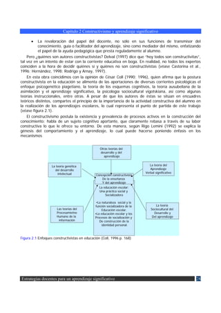 Capítulo 2 Constructivismo y aprendizaje significativo

      •    La revaloración del papel del docente, no sólo en sus funciones de transmisor del
           conocimiento, guía o facilitador del aprendizaje, sino como mediador del mismo, enfatizando
           el papel de la ayuda pedagógica que presta reguladamente al alumno.
    Pero ¿quiénes son autores constructivistas? Delval (1997) dice que “hoy todos son constructivitas”,
tal vez en un intento de estar con la corriente educativa en boga. En realidad, no todos los expertos
coinciden a la hora de decidir quiénes sí y quiénes no son constructivistas (véase Castorina et al.,
1996; Hernández, 1998; Rodrigo y Arnay, 1997).
    En esta obra coincidimos con la opinión de César Coll (1990; 1996), quien afirma que la postura
constructivista en la educación se alimenta de las aportaciones de diversas corrientes psicológicas el
enfoque psicogenético piagetiano, la teoría de los esquemas cognitivos, la teoría ausubeliana de la
asimilación y el aprendizaje significativo, la psicología sociocultural vigotskiana, así como algunas
teorías instruccionales, entre otras. A pesar de que los autores de éstas se sitúan en encuadres
teóricos distintos, compartes el principio de la importancia de la actividad constructiva del alumno en
la realización de los aprendizajes escolares, lo cual representa el punto de partida de este trabajo
(véase figura 2.1).
    El constructivismo postula la existencia y prevalencia de procesos activos en la construcción del
conocimiento: habla de un sujeto cognitivo aportante, que claramente rebasa a través de su labor
constructiva lo que le ofrece su entorno. De esta manera, según Rigo Lemini (1992) se explica la
génesis del comportamiento y el aprendizaje, lo cual puede hacerse poniendo énfasis en los
mecanismos


                                                 Otras teorías del
                                                 desarrollo y del
                                                    aprendizaje


                   La teoría genética                                          La teoría del
                     del desarrollo                                            Aprendizaje
                       intelectual                                          Verbal significativo
                                               Concepción constructivista
                                                   De la enseñanza
                                                   Y del aprendizaje
                                                 La educación escolar:
                                                 Una práctica social y
                                                     Socializadora

                                               •La naturaleza social y la
                                              función socializadora de la           La teoría
                      Las teorías del              Educación escolar.           Sociocultural del
                      Procesamietno           •La educación escolar y los         Desarrollo y
                      Humano de la            Procesos de socialización y        Del aprendizaje
                       información               De construcción de la
                                                   identidad personal.



Figura 2.1 Enfoques constructivistas en educación (Coll, 1996 p. 168)




Estrategias docentes para un aprendizaje significativo                                              28
 