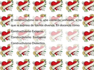 El constructivismo no es una corriente unificada, si no
que se expresa de formas diversas. En docencia como:
Constructivismo Exógeno.
Constructivismo Endógeno
Constructivismo Dialectico.
 