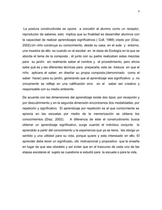 3
La postura constructivista se opone a concebir al alumno como un receptor,
reproductor de saberes, esto implica que su finalidad es desarrollar alumnos con
la capacidad de realizar aprendizajes significativos ( Coll, 1988) citado por (Díaz,
2002).Un niño construye su conocimiento, desde su casa, en el aula y entorno,
una muestra de ello es cuando un el escolar en la clase de Ecología en la que se
aborda el tema de la composta , él junto con su padre realizaban estas mezclas
para su jardín sin realmente saber el nombre y el procedimiento, pero ahora
sabe qué es y las diferentes técnicas para prepararla, esto se traduce en que el
niño aplicara el saber, en diseñar su propia composta,(denominado como el
saber hacer) para su jardín, generando que el aprendizaje sea significativo y no
únicamente se refleje en una calificación sino en el saber ser creativo y
responsable con su medio ambiente.
De acuerdo con las dimensiones del aprendizaje existe dos tipos: por recepción y
por descubrimiento y en la segunda dimensión encontramos dos modalidades: por
repetición y significativo. El aprendizaje por repetición es el que comúnmente se
aprecia en las escuelas por medio de la memorización se obtiene los
conocimientos (Díaz, 2002). A diferencia de éste el constructivismo busca
obtener un aprendizaje significativo, surge cuando el individuo conjunta lo
aprendido a partir del conocimiento y la experiencia que ya se tiene, les otorga un
sentido y una utilidad para su vida, porque quiere y esta interesado en ello. El
aprender debe tener un significado, útil, motivacional y propositivo que le enseñe
en lugar de que sea obsoleto y así evitar que en el trascurso de cada uno de las
etapas escolares el sujeto se cuestione si estudió para la escuela o para la vida.
 