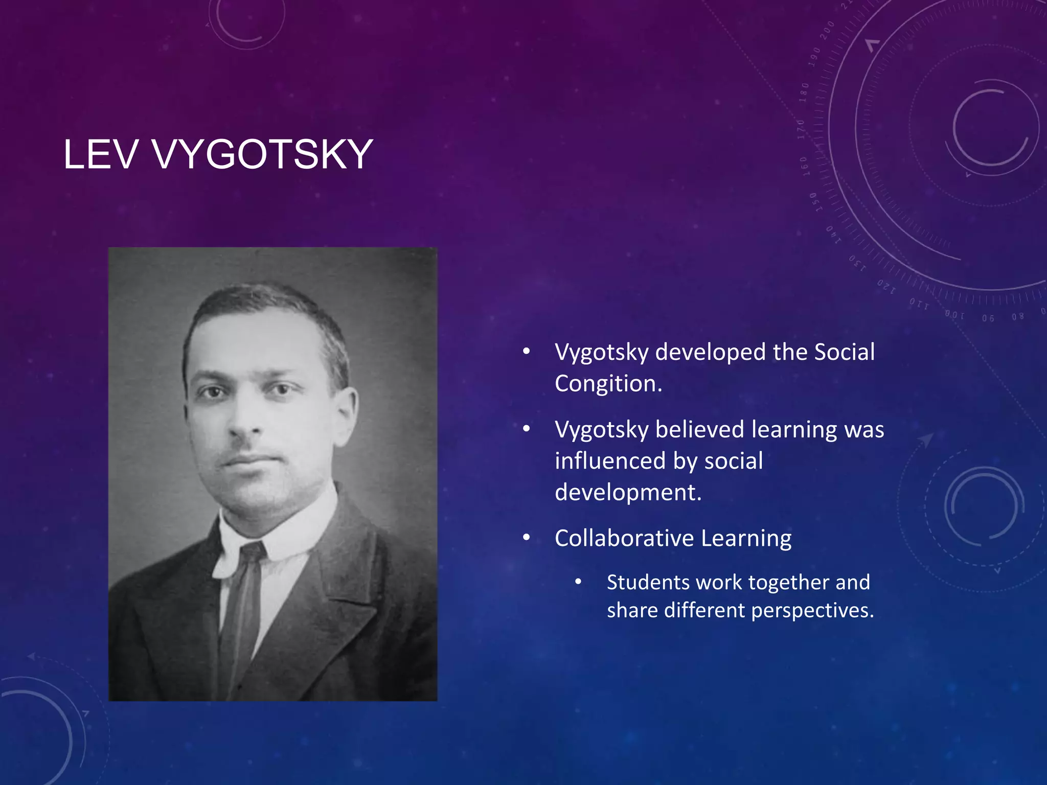 LEV VYGOTSKY

• Vygotsky developed the Social
Congition.
• Vygotsky believed learning was
influenced by social
development.
• Collaborative Learning
•

Students work together and
share different perspectives.

 