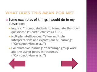 What does this mean for me?Some examples of things I would do in my classroom:Inquiry: “prompt students to formulate their own questions” (“Constructivism as a…”)Multiple intelligences: “allow multiple interpretations and expressions of learning” (“Constructivism as a…”)Collaborative learning: “encourage group work and the use of peers as resources” (“Constructivism as a…”)