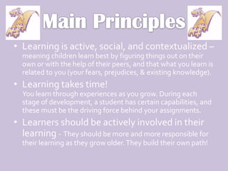 Learning is active, social, and contextualized – meaning children learn best by figuring things out on their own or with the help of their peers, and that what you learn is related to you (your fears, prejudices, & existing knowledge).Learning takes time!                                                You learn through experiences as you grow. During each stage of development, a student has certain capabilities, and these must be the driving force behind your assignments.   Learners should be actively involved in their learning -  They should be more and more responsible for their learning as they grow older. They build their own path!Main Principles
