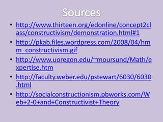 Sourceshttp://www.thirteen.org/edonline/concept2class/constructivism/demonstration.html#1http://pkab.files.wordpress.com/2008/04/hmm_constructivism.gifhttp://www.uoregon.edu/~moursund/Math/expertise.htmhttp://faculty.weber.edu/pstewart/6030/6030.htmlhttp://socialconstructionism.pbworks.com/Web+2-0+and+Constructivist+Theory