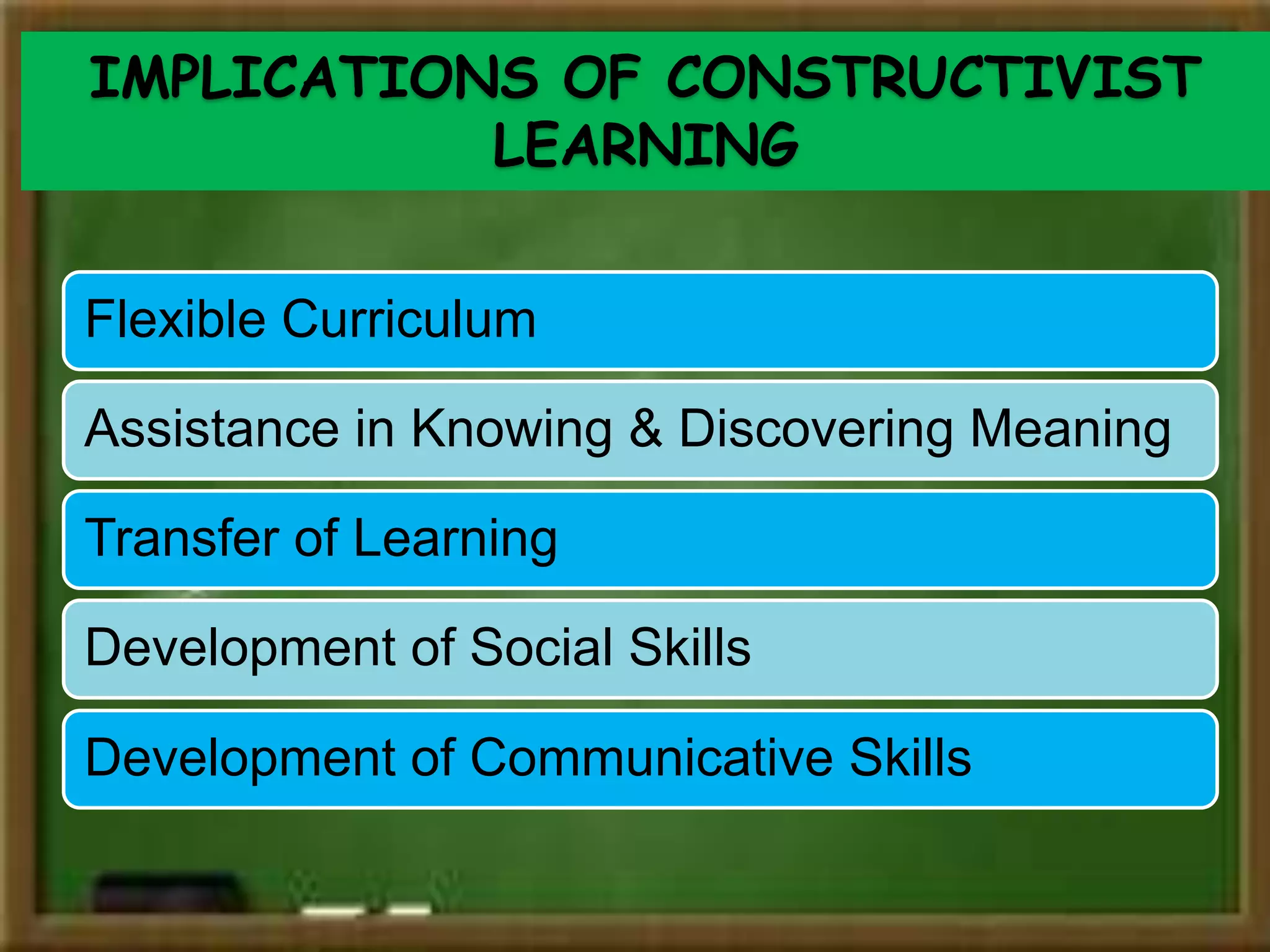IMPLICATIONS OF CONSTRUCTIVIST
LEARNING
Flexible Curriculum
Assistance in Knowing & Discovering Meaning
Transfer of Learning
Development of Social Skills
Development of Communicative Skills
 
