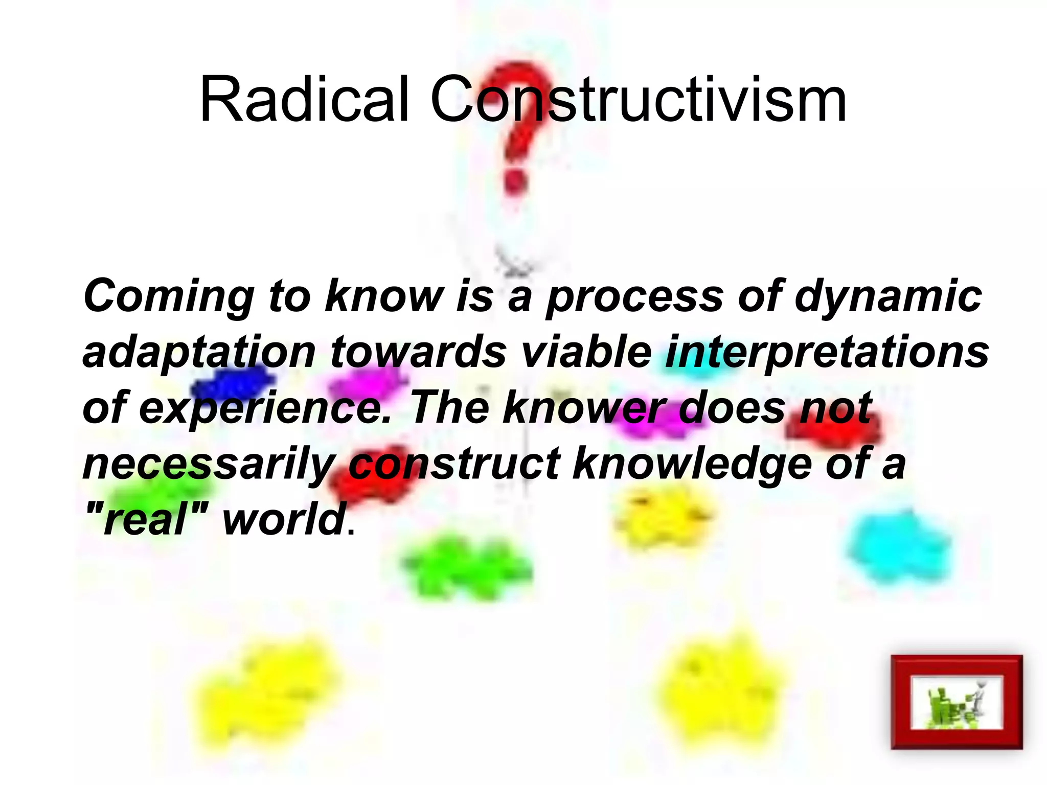 Radical Constructivism
Coming to know is a process of dynamic
adaptation towards viable interpretations
of experience. The knower does not
necessarily construct knowledge of a
"real" world.
 