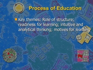 Process of Education Key themes: Role of structure; readiness for learning; intuitive and analytical thinking; motives for learning 