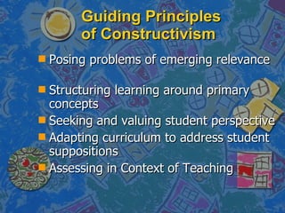 Guiding Principles of Constructivism Posing problems of emerging relevance Structuring learning around primary concepts Seeking and valuing student perspective Adapting curriculum to address student suppositions Assessing in Context of Teaching 