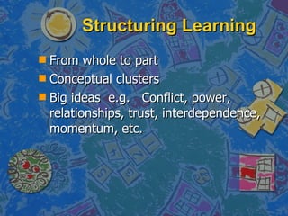 Structuring Learning From whole to part Conceptual clusters Big ideas  e.g.  Conflict, power, relationships, trust, interdependence, momentum, etc. 