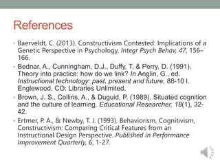 References
• Baerveldt, C. (2013). Constructivism Contested: Implications of a
Genetic Perspective in Psychology. Integr Psych Behav, 47, 156–
166.
• Bednar, A., Cunningham, D.J., Duffy, T. & Perry, D. (1991).
Theory into practice: how do we link? In Anglin, G., ed.
Instructional technology: past, present and future, 88-10 l.
Englewood, CO: Libraries Unlimited.
• Brown, J. S., Collins, A., & Duguid, P. (1989). Situated cognition
and the culture of learning. Educational Researcher, 18(1), 32-
42.
• Ertmer, P. A., & Newby, T. J. (1993). Behaviorism, Cognitivism,
Constructivism: Comparing Critical Features from an
Instructional Design Perspective. Published in Performance
Improvement Quarterly, 6, 1-27.
 