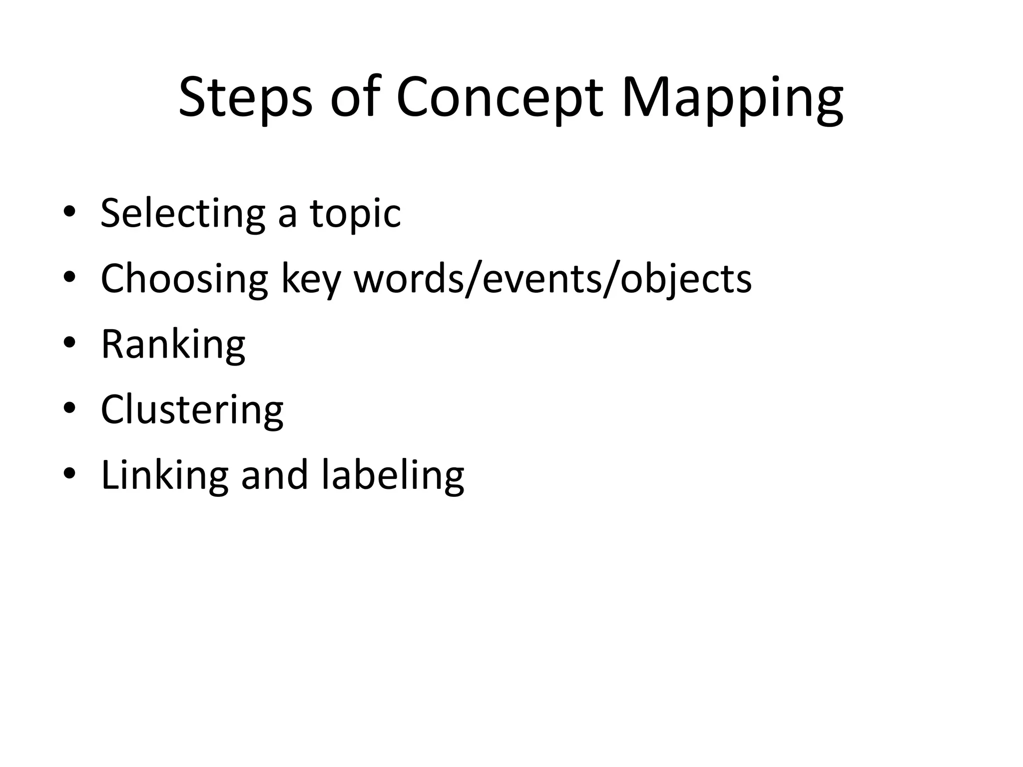 Steps of Concept Mapping
• Selecting a topic
• Choosing key words/events/objects
• Ranking
• Clustering
• Linking and labeling
 
