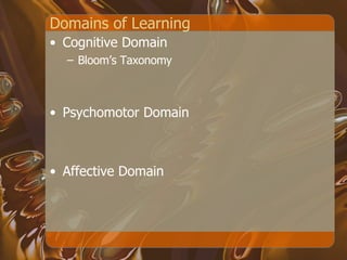 Domains of Learning  Cognitive Domain Bloom’s Taxonomy Psychomotor Domain Affective Domain 