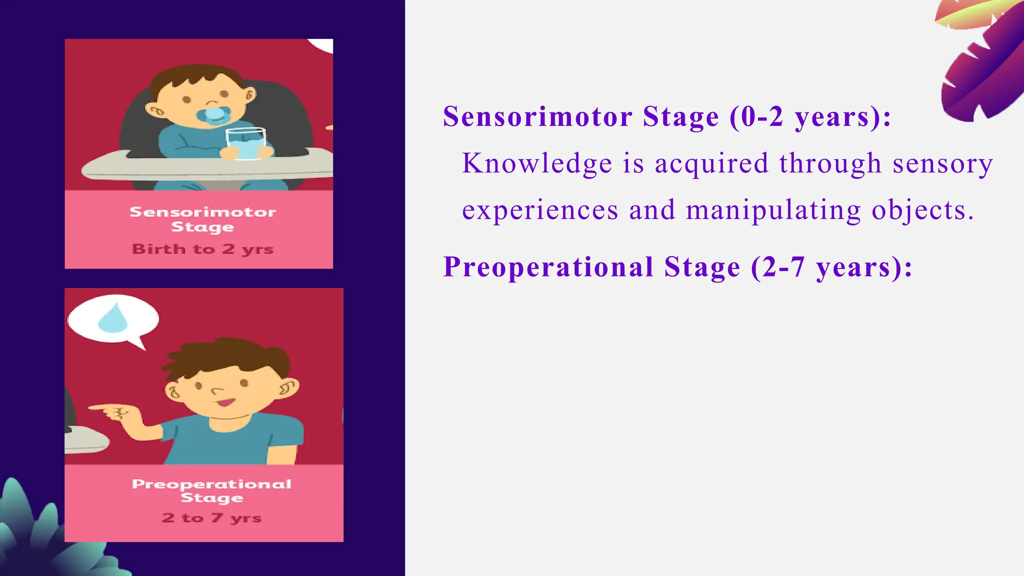 Sensorimotor Stage (0-2 years):
Knowledge is acquired through sensory
experiences and manipulating objects.
Preoperational Stage (2-7 years):
 