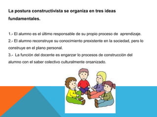 La postura constructivista se organiza en tres ideas
fundamentales.


1.- El alumno es el último responsable de su propio proceso de aprendizaje.
2.- El alumno reconstruye su conocimiento prexistente en la sociedad, pero lo
construye en el plano personal.
3.- La función del docente es engarzar lo procesos de construcción del
alumno con el saber colectivo culturalmente organizado.
 