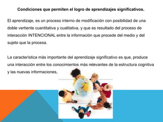 Condiciones que permiten el logro de aprendizajes significativos.

El aprendizaje, es un proceso interno de modificación con posibilidad de una
doble vertiente cuantitativa y cualitativa, y que es resultado del proceso de
interacción INTENCIONAL entre la información que procede del medio y del
sujeto que la procesa.


La característica más importante del aprendizaje significativo es que, produce
una interacción entre los conocimientos más relevantes de la estructura cognitiva
y las nuevas informaciones,
 