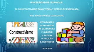UNIVERSIDAD DE GUAYAQUIL.
EL CONSTRUCTIVISMO COMO TEORÍA Y METODO DE ENSEÑANZA.
MSc. MARIO TORRES GANGOTENA.
INTEGRANTES:
R. ALVARADO
M. SANTAMARIA
F. SUDARIO
J. PAGUAY
D. PROAÑO
S. RODRIGUEZ
2019-2020
 