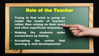• Trying to find what is going on
inside the heads of learners
rather than relying on their overt
and often superficial responses;
• Helping the students make
connections by linking
• Accepting the notion that
learning is skill developmental
Role of the Teacher
 