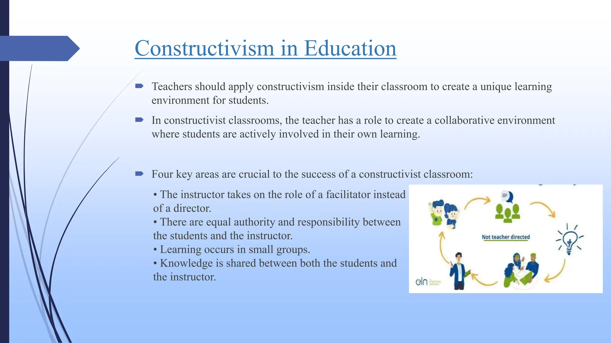 Constructivism in Education
 Teachers should apply constructivism inside their classroom to create a unique learning
environment for students.
 In constructivist classrooms, the teacher has a role to create a collaborative environment
where students are actively involved in their own learning.
 Four key areas are crucial to the success of a constructivist classroom:
• The instructor takes on the role of a facilitator instead
of a director.
• There are equal authority and responsibility between
the students and the instructor.
• Learning occurs in small groups.
• Knowledge is shared between both the students and
the instructor.
 
