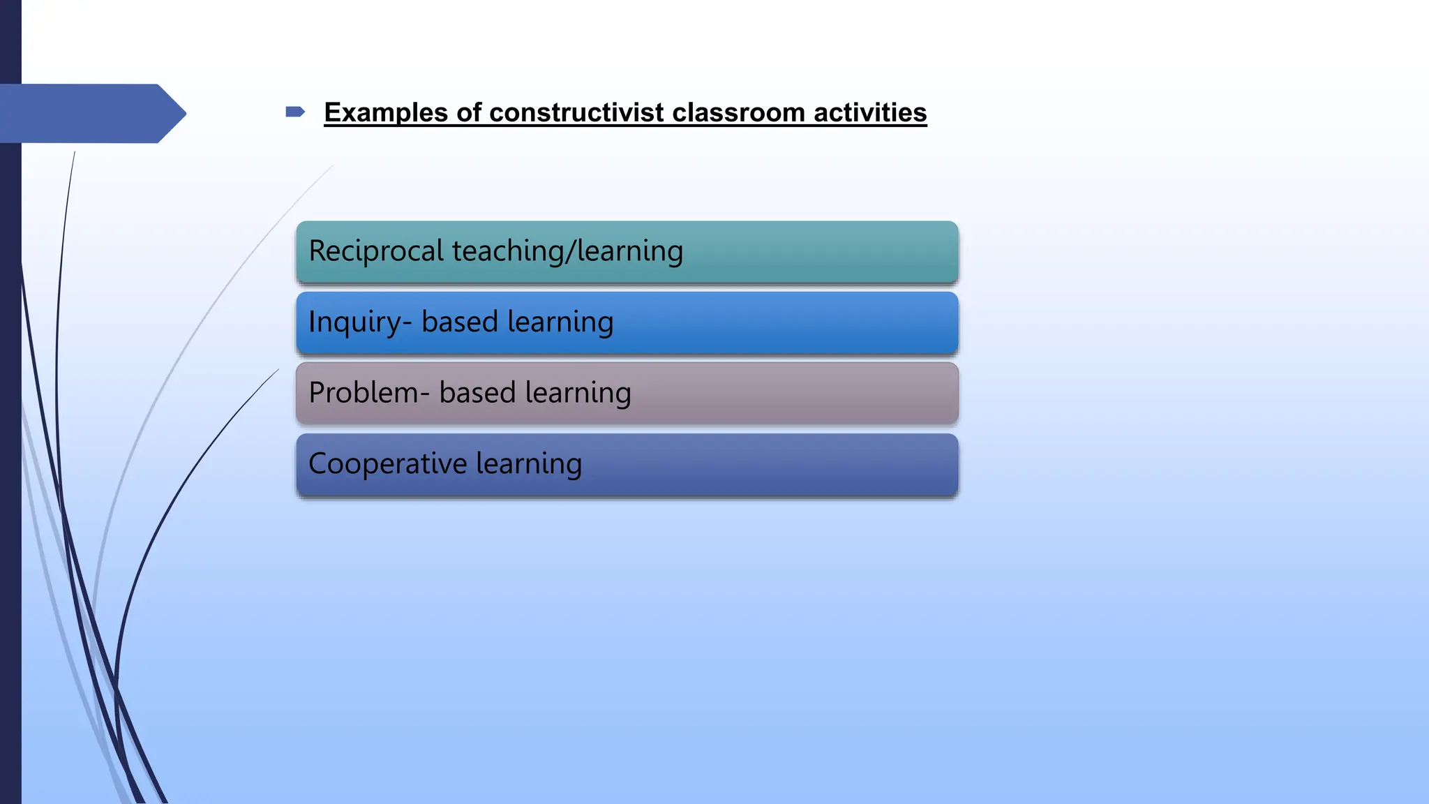  Examples of constructivist classroom activities
Reciprocal teaching/learning
Inquiry- based learning
Problem- based learning
Cooperative learning
 