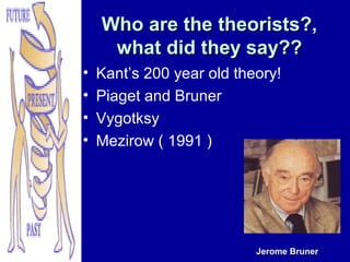 Who are the theorists?,
     what did they say??
•   Kant’s 200 year old theory!
•   Piaget and Bruner
•   Vygotksy
•   Mezirow ( 1991 )




                           Jerome Bruner
 