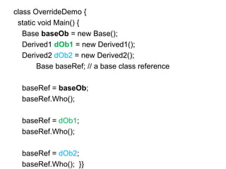 class OverrideDemo {
static void Main() {
Base baseOb = new Base();
Derived1 dOb1 = new Derived1();
Derived2 dOb2 = new Derived2();
Base baseRef; // a base class reference
baseRef = baseOb;
baseRef.Who();
baseRef = dOb1;
baseRef.Who();
baseRef = dOb2;
baseRef.Who(); }}

 