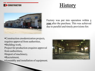 Factory was put into operation within 1
year after the purchase. This was achieved
due to parallel and timely provisions for:
Construction (modernization project),
requires approval from authorities,
Building work,
Project for production (requires approval
from authorities),
Import of machinery,
Recruitment,
Assembly and installation of equipment.
 