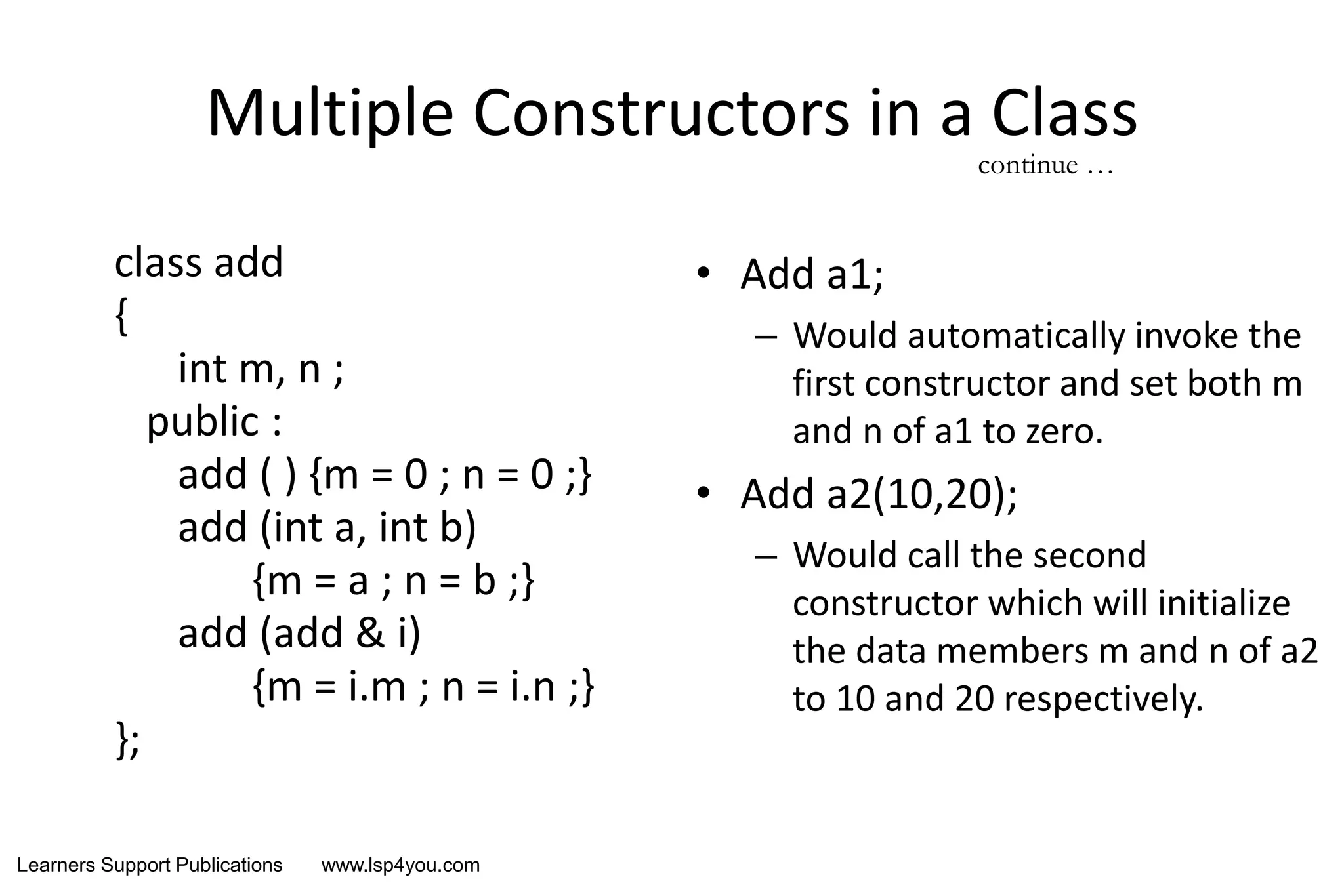 Learners Support Publications www.lsp4you.com
Multiple Constructors in a Class
class add
{
int m, n ;
public :
add ( ) {m = 0 ; n = 0 ;}
add (int a, int b)
{m = a ; n = b ;}
add (add & i)
{m = i.m ; n = i.n ;}
};
• Add a1;
– Would automatically invoke the
first constructor and set both m
and n of a1 to zero.
• Add a2(10,20);
– Would call the second
constructor which will initialize
the data members m and n of a2
to 10 and 20 respectively.
continue …
 