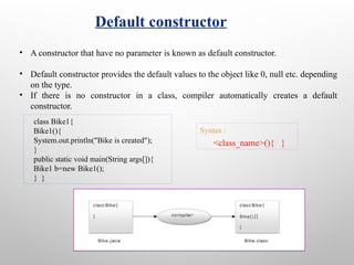 Default constructor
class Bike1{
Bike1(){
System.out.println("Bike is created");
}
public static void main(String args[]){
Bike1 b=new Bike1();
} }
Syntax :
<class_name>(){ }
• A constructor that have no parameter is known as default constructor.
• Default constructor provides the default values to the object like 0, null etc. depending
on the type.
• If there is no constructor in a class, compiler automatically creates a default
constructor.
 