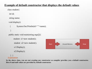 Example of default constructor that displays the default values
class student{
int id;
string name;
void display()
{ System.Out.Println(id+" "+name);
}
public static void main(string args[]){
student s1=new student();
student s2=new student();
s1.Display();
s2.Display();
} }
Explanation:
In the above class, you are not creating any constructor so compiler provides you a default constructor.
Here 0 and null values are provided by default constructor.
 
