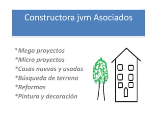 Constructora jvm Asociados


*Mega proyectos
*Micro proyectos
*Casas nuevas y usadas
*Búsqueda de terreno
*Reformas
*Pintura y decoración
 