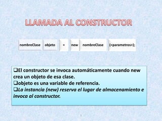 5
nombreClase objeto = new nombreClase (<parametros>);
El constructor se invoca automáticamente cuando new
crea un objeto de esa clase.
objeto es una variable de referencia.
La instancia (new) reserva el lugar de almacenamiento e
invoca al constructor.
 