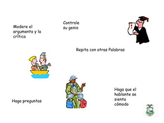 Haga que el
hablante se
sienta
cómodo
Controle
su genioModere el
argumento y la
crítica
Repita con otras Palabras
Haga preguntas
 