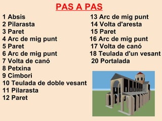 PAS A PAS 1 Absis                                    13 Arc de mig punt 2 Pilarasta                               14 Volta d'aresta 3 Paret                                     15 Paret 4 Arc de mig punt                  16 Arc de mig punt 5 Paret                                     17 Volta de canó 6 Arc de mig punt                  18 Teulada d'un vesant 7 Volta de canó                       20 Portalada 8 Petxina                              9 Cimbori                                10 Teulada de doble vesant         11 Pilarasta 12 Paret 