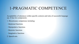 1-PRAGMATIC COMPETENCE
Acceptability of utterances within specific contexts and rules of successful language
use. It has two components:
1. Illocutionary competence including:
Ideational functions
Manipulative functions
Heuristic functions
Imaginative functions
2. Speech acts.
 