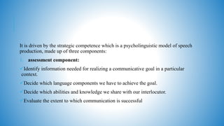 It is driven by the strategic competence which is a psycholinguistic model of speech
production, made up of three components:
1. assessment component:
Identify information needed for realizing a communicative goal in a particular
context.
Decide which language components we have to achieve the goal.
Decide which abilities and knowledge we share with our interlocutor.
Evaluate the extent to which communication is successful
 