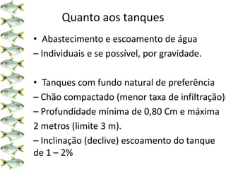 Quanto aos tanques
• Abastecimento e escoamento de água
– Individuais e se possível, por gravidade.
• Tanques com fundo natural de preferência
– Chão compactado (menor taxa de infiltração).
– Profundidade mínima de 0,80 Cm e máxima
2 metros (limite 3 m).
– Inclinação (declive) escoamento do tanque
de 1 – 2%
 