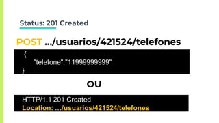 Status: 201 Created
OU
{
"telefone":"11999999999"
}
HTTP/1.1 201 Created
Location: …/usuarios/421524/telefones
POST …/usuarios/421524/telefones
 