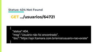 Status: 404 Not Found
GET …/usuarios/64721
{
"status":404,
"msg":“Usuário não foi encontrado",
"doc":"https://api.fcamara.com.br/erros/usuario-nao-existe"
}
 