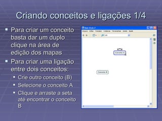 Criando conceitos e ligações 1/4 Para criar um conceito basta dar um duplo clique na área de edição dos mapas Para criar uma ligação entre dois conceitos: Crie outro conceito (B) Selecione o conceito A Clique e arraste a seta até encontrar o conceito B 