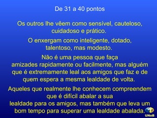 De 31 a 40 pontos Os outros lhe vêem como sensível, cauteloso, cuidadoso e prático.  O enxergam como inteligente, dotado, talentoso, mas modesto.  Não é uma pessoa que faça amizades rapidamente ou facilmente, mas alguém que é extremamente leal aos amigos que faz e de quem espera a mesma lealdade de volta.  Aqueles que realmente lhe conhecem compreendem que é difícil abalar a sua lealdade para os amigos, mas também que leva um bom tempo para superar uma lealdade abalada. UNeB   