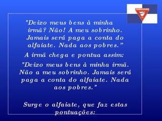 "Deixo meus bens à minha  irmã? Não! A meu sobrinho. Jamais será paga a conta do alfaiate. Nada aos pobres.” A irmã chega e pontua assim:  "Deixo meus bens à minha irmã. Não a meu sobrinho. Jamais será paga a conta do alfaiate. Nada aos pobres." Surge o alfaiate, que faz estas pontuações: 