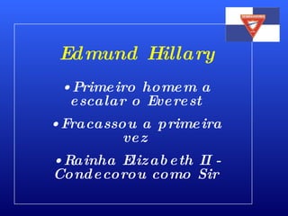 Primeiro homem a escalar o Everest Fracassou a primeira vez Rainha Elizabeth II - Condecorou como Sir Edmund Hillary 