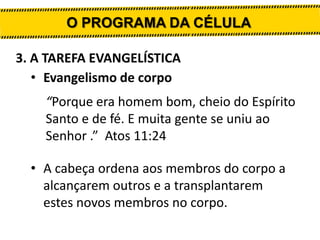 O PROGRAMA DA CÉLULA
3. A TAREFA EVANGELÍSTICA
• Evangelismo de corpo
“Porque era homem bom, cheio do Espírito
Santo e de fé. E muita gente se uniu ao
Senhor .” Atos 11:24
• A cabeça ordena aos membros do corpo a
alcançarem outros e a transplantarem
estes novos membros no corpo.

 