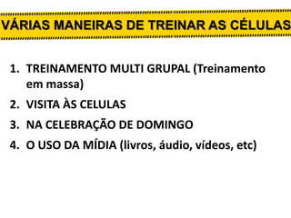 VÁRIAS MANEIRAS DE TREINAR AS CÉLULAS
1. TREINAMENTO MULTI GRUPAL (Treinamento
em massa)
2. VISITA ÀS CELULAS
3. NA CELEBRAÇÃO DE DOMINGO
4. O USO DA MÍDIA (livros, áudio, vídeos, etc)

 
